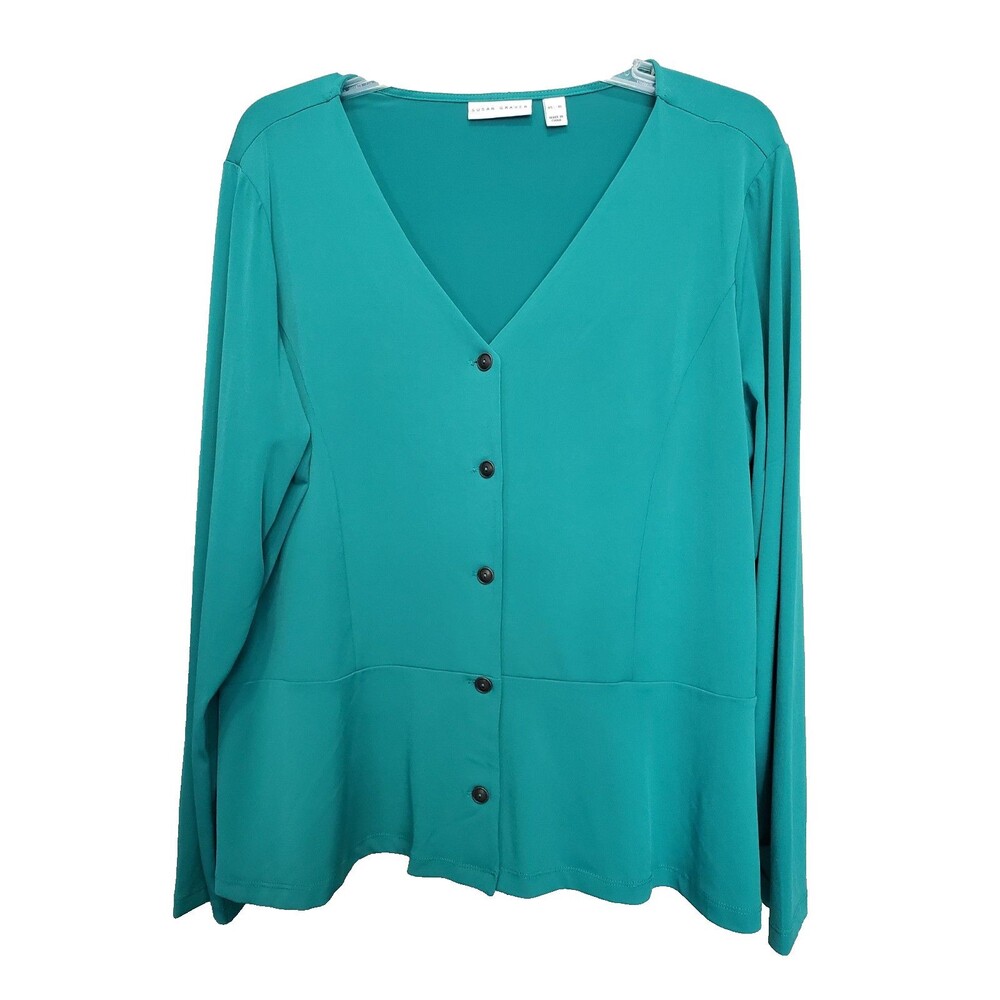 Susan Graver Green LiquidKnit Peplum Hem V-Neck Button-Up Blouse Size XL